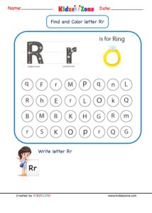 Kindergarten Letter R Find and Color worksheet - KidzeZone