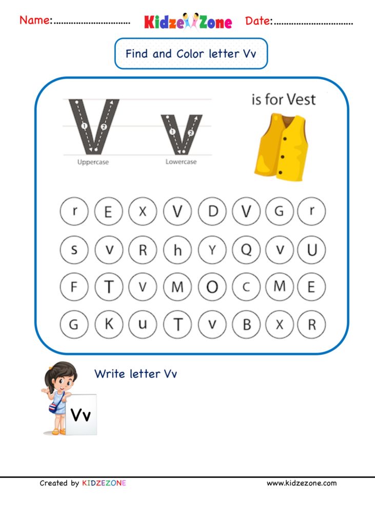 Kindergarten Letter V Worksheets Find And Color KidzeZone