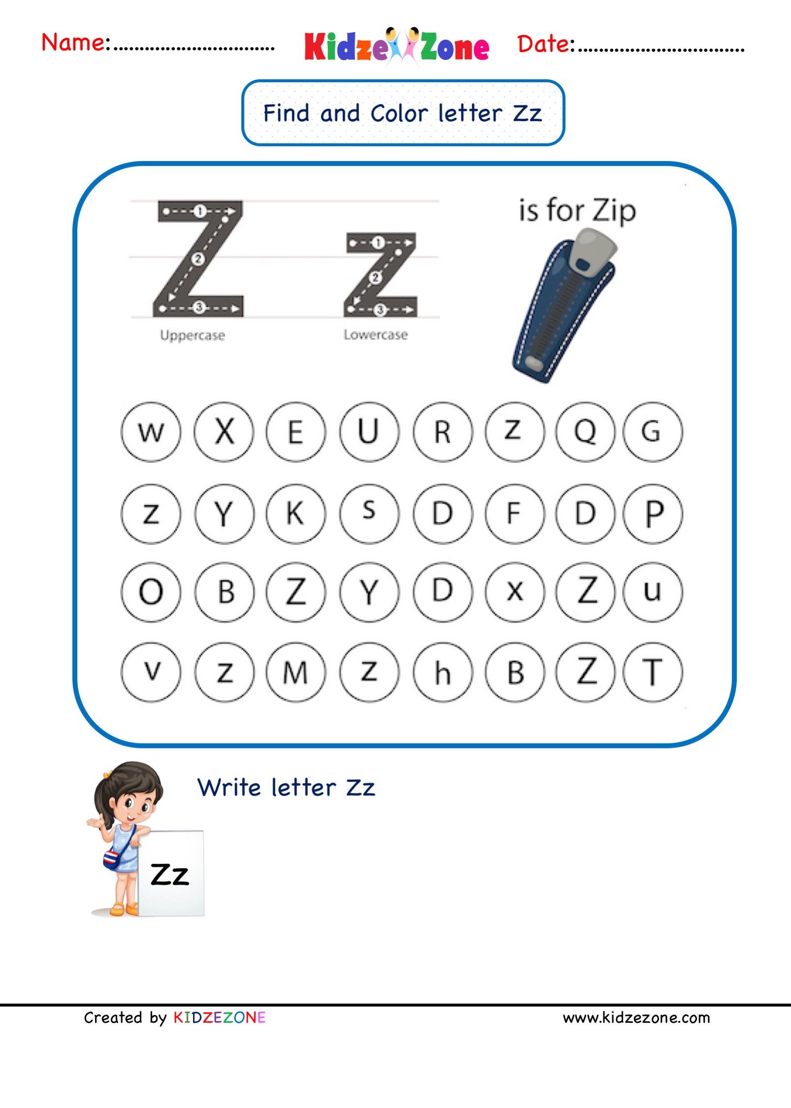 kindergarten letter z worksheets find and color kidzezone