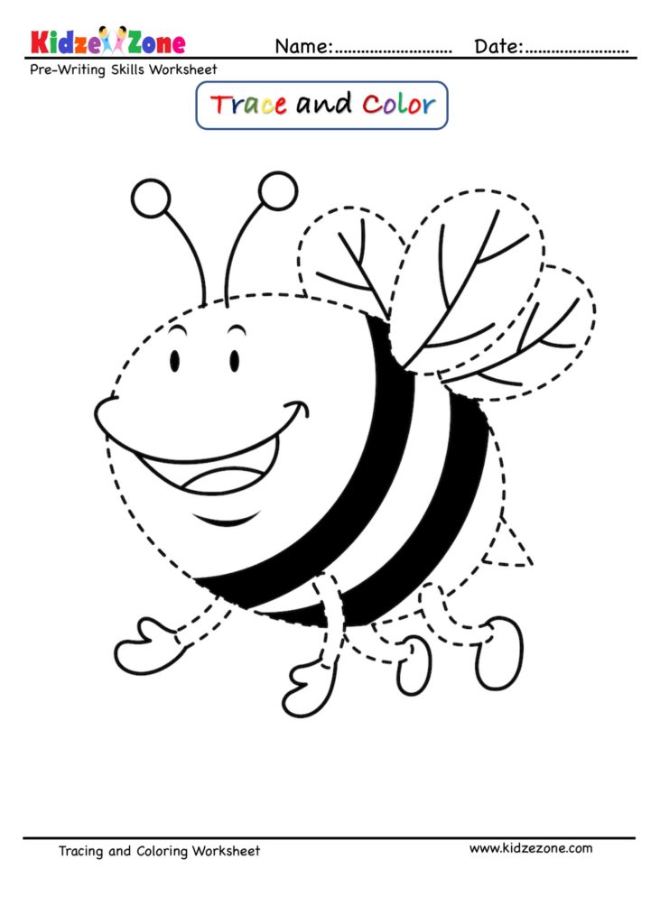 Pre Writing Trace And Color Worksheet Honey Bee Cartoon KidzeZone