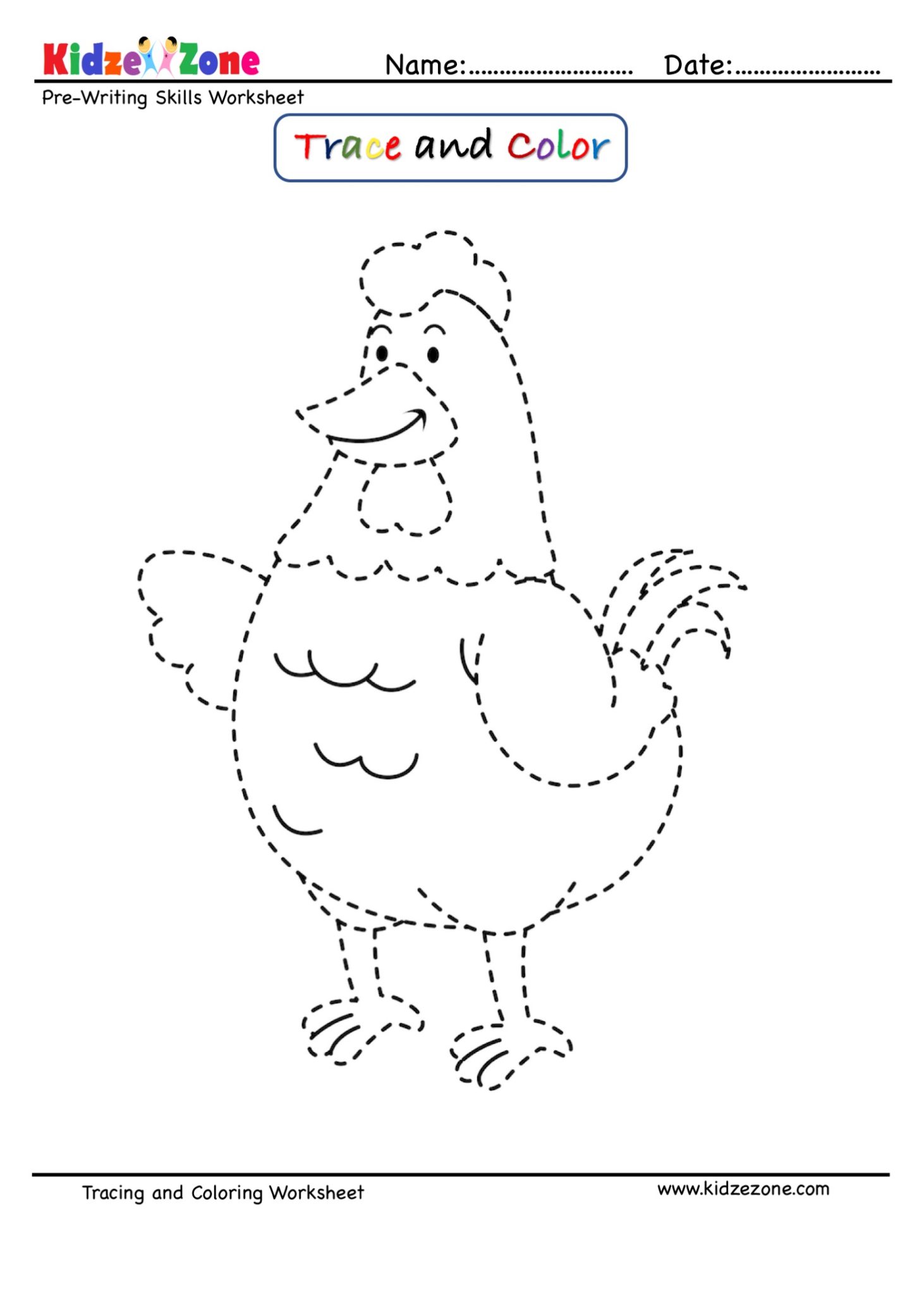 Hen Cartoon Trace and Color Worksheet - KidzeZone