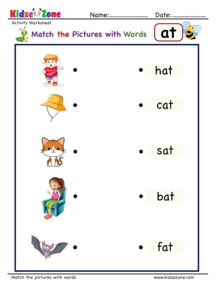 Kindergarten activity worksheets - at word family - Find and match