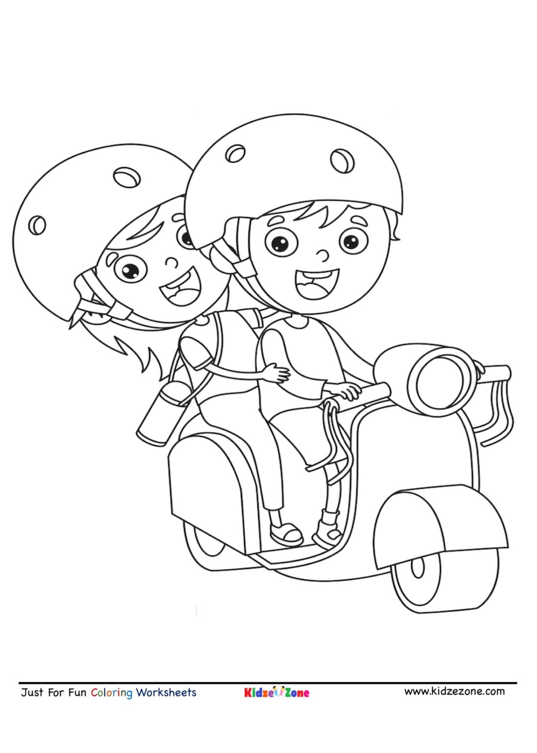 Kids riding scooter cartoon coloring page - KidzeZone