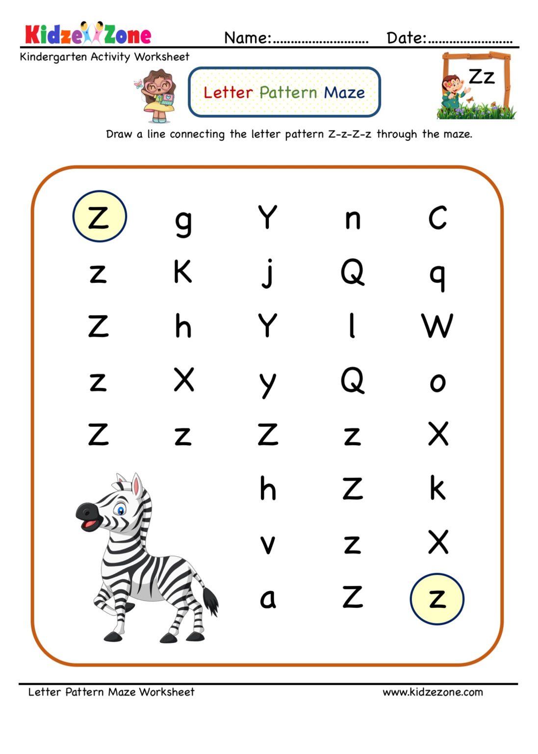 Letter Z Maze Worksheet KidzeZone