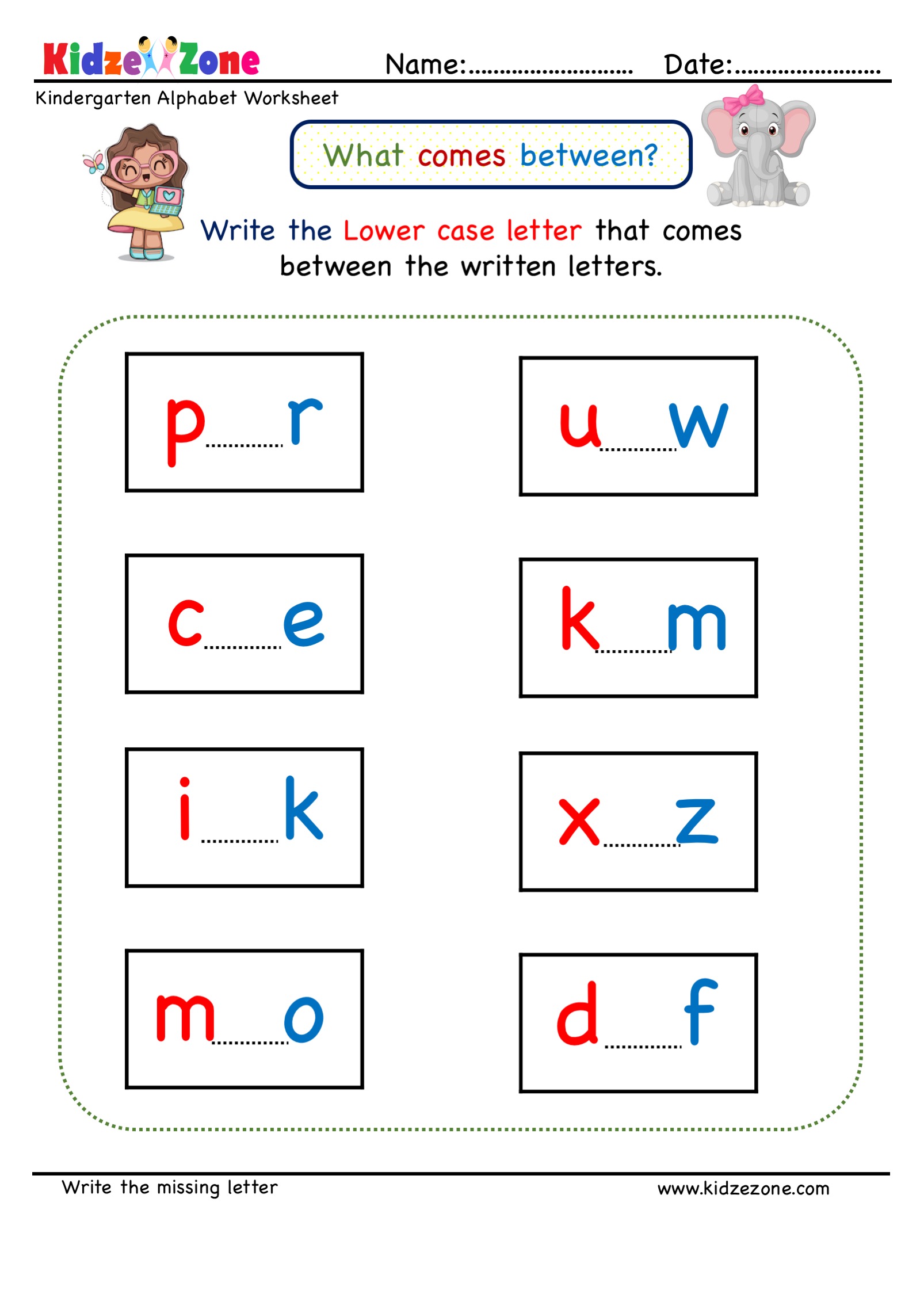 Kindergarten Missing Letter Worksheet What Comes In Between