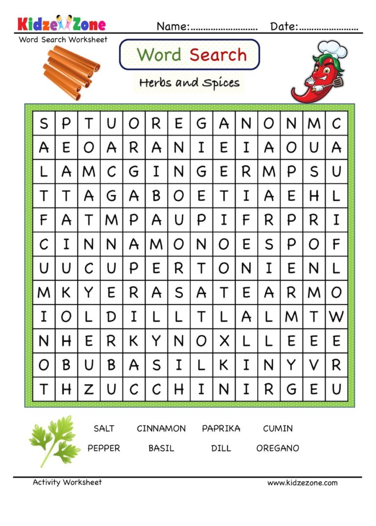 Find the herbs and spices in the word search grid KidzeZone