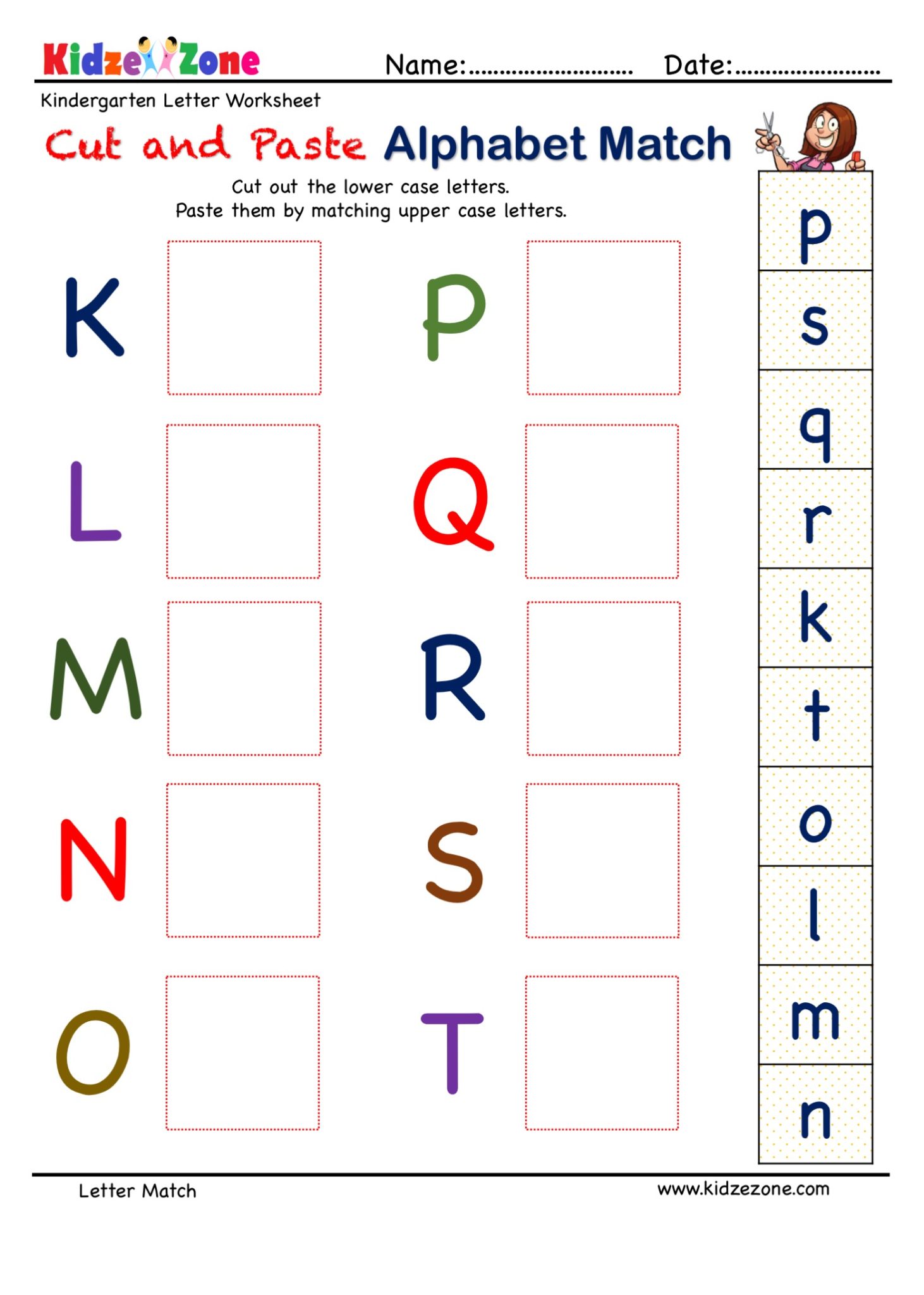 Preschool Letter Matching Cut and Paste Activity Worksheet K to T
