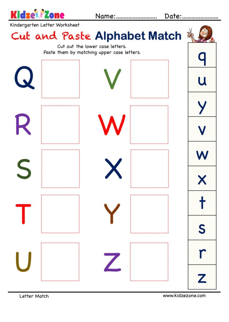 Preschool Letter Matching Cut and Paste Activity Worksheet Q to Z