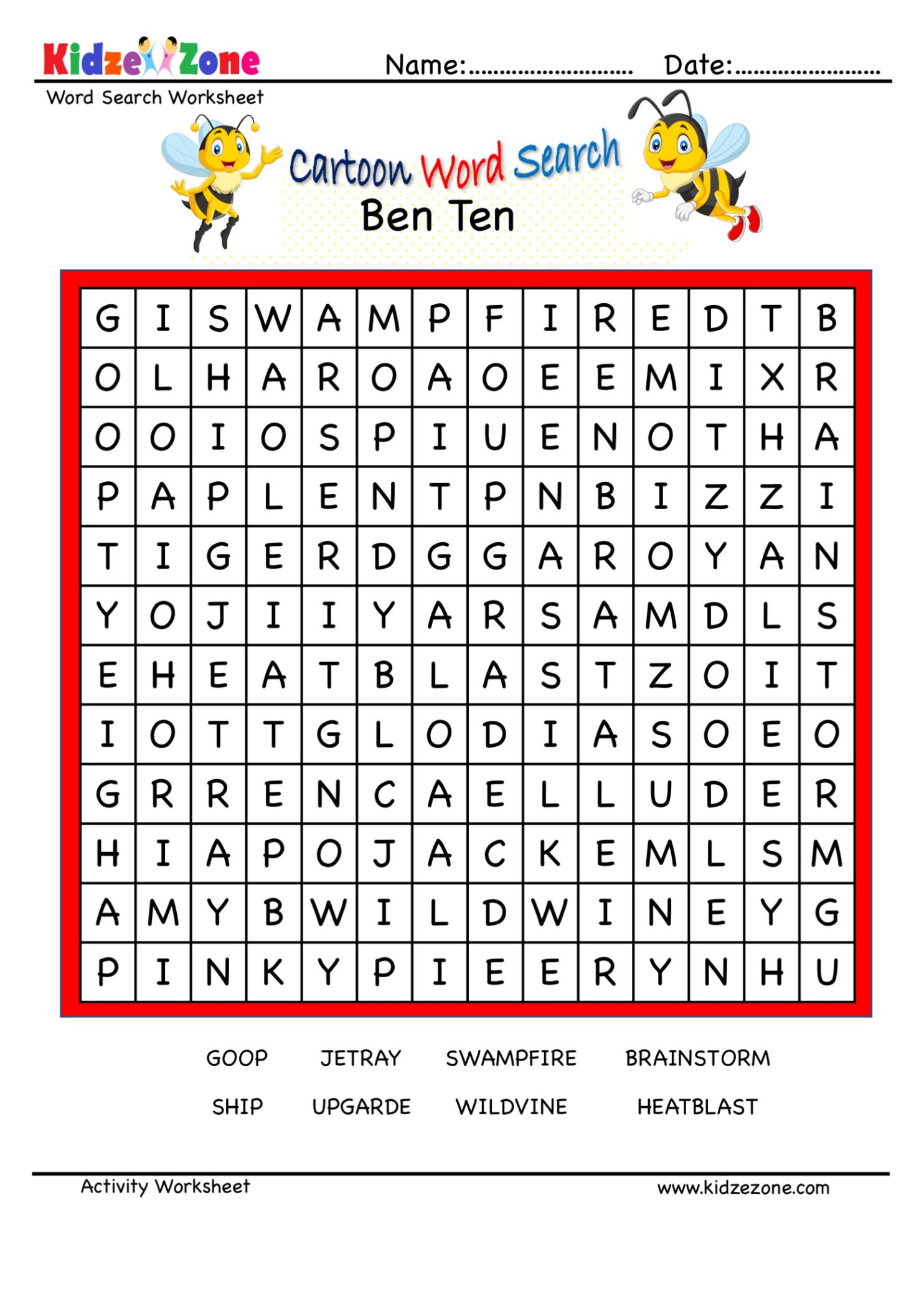 Ben Ten Word Search Puzzle Worksheet - KidzeZone