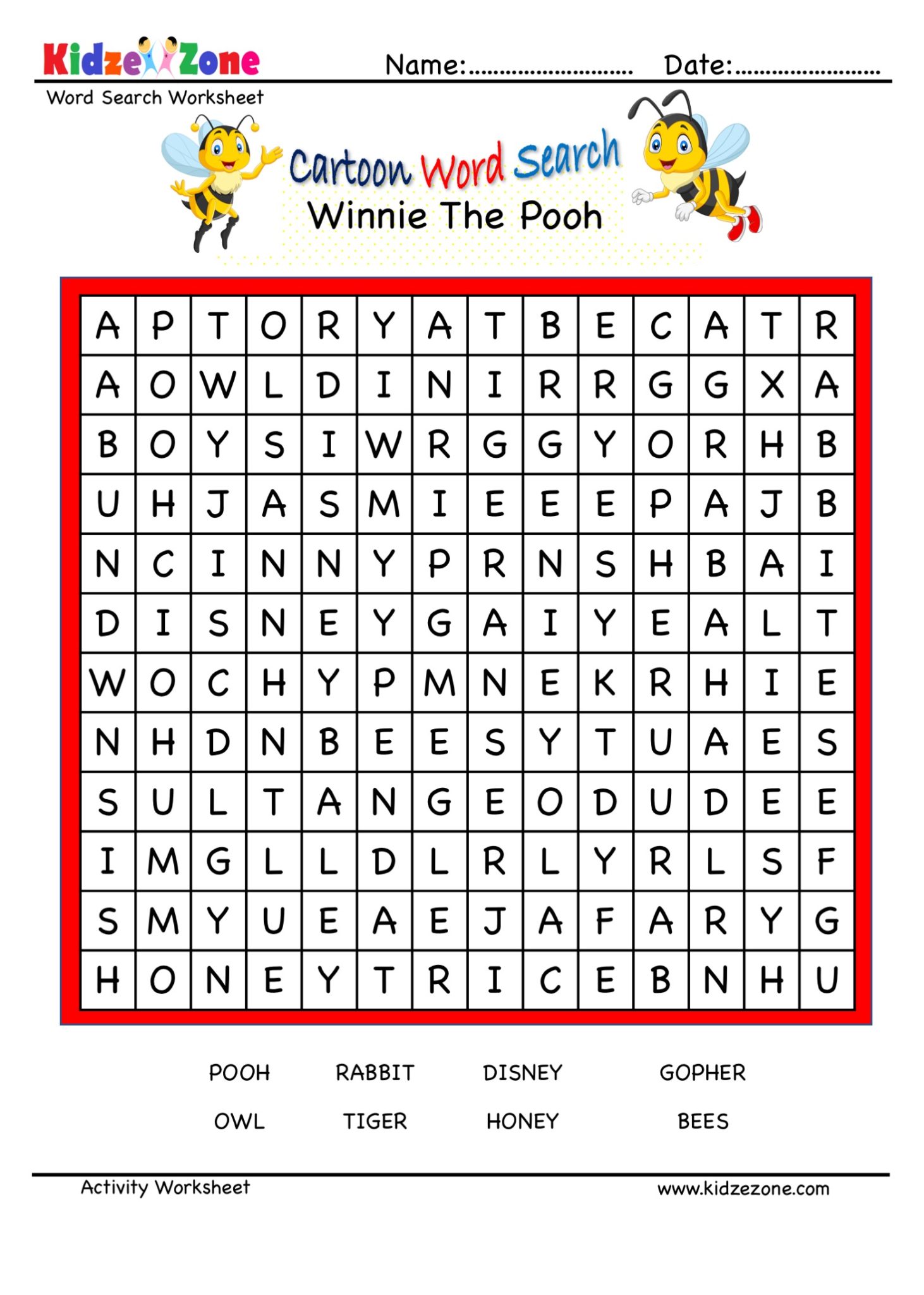 Winnie The Pooh Cartoon Word Search   KidzeZone