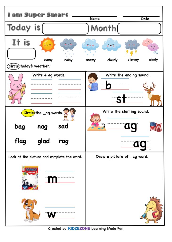 Kindergarten Ag Word Family Super Smart Worksheet