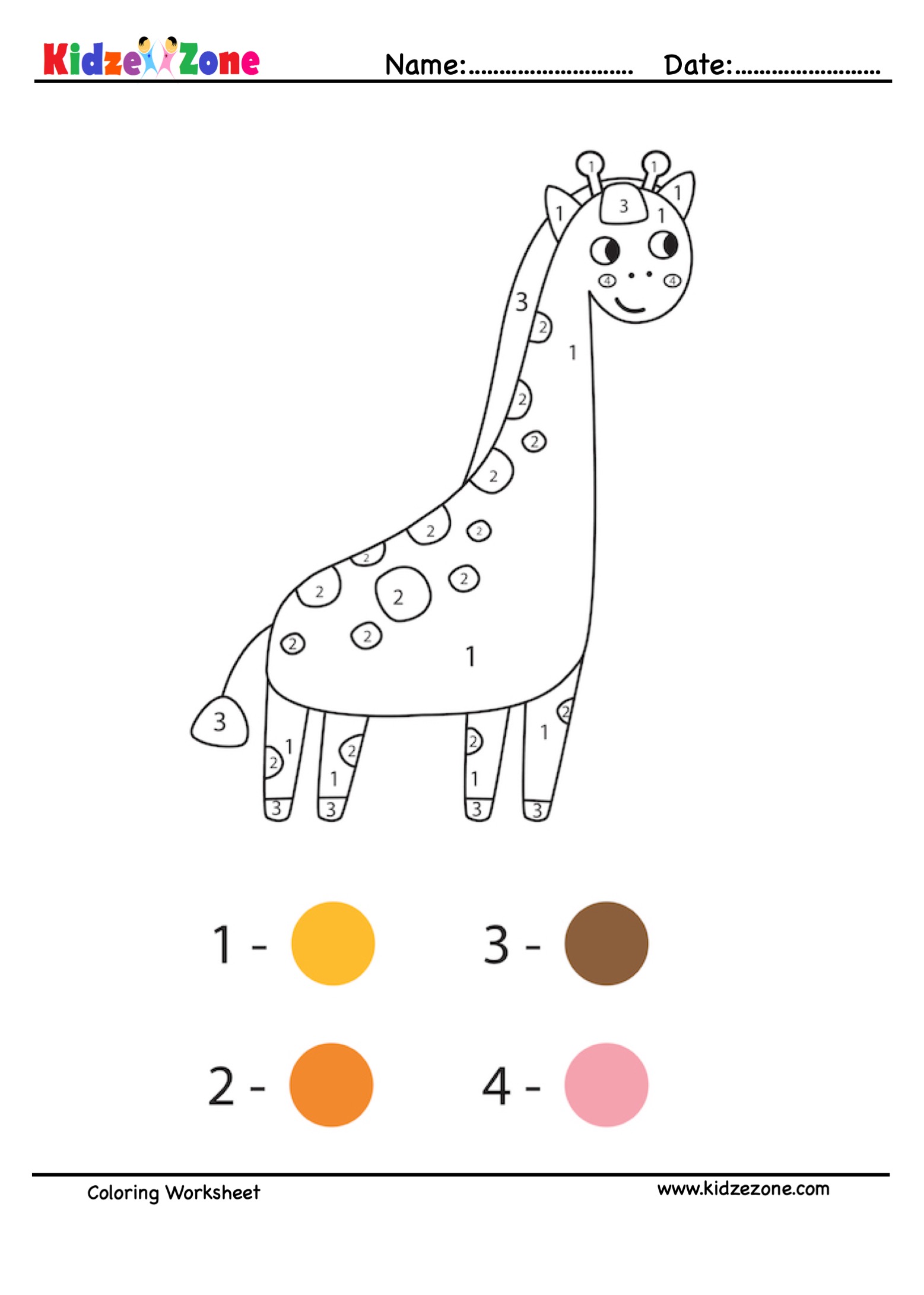 Giraffe Number Coloring Fun Worksheet KidzeZone