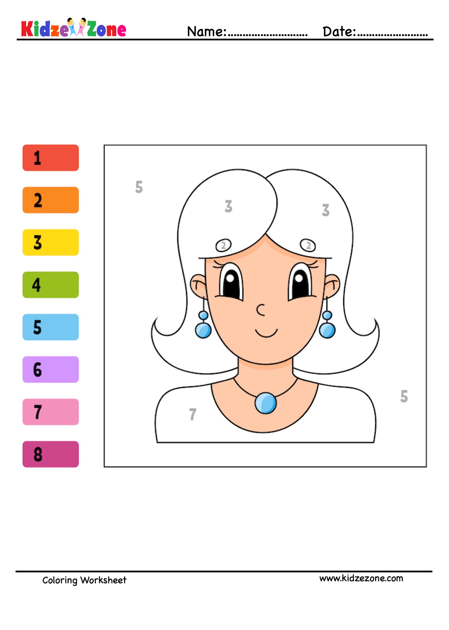 Girl Number Coloring Fun Worksheet- KidzeZone