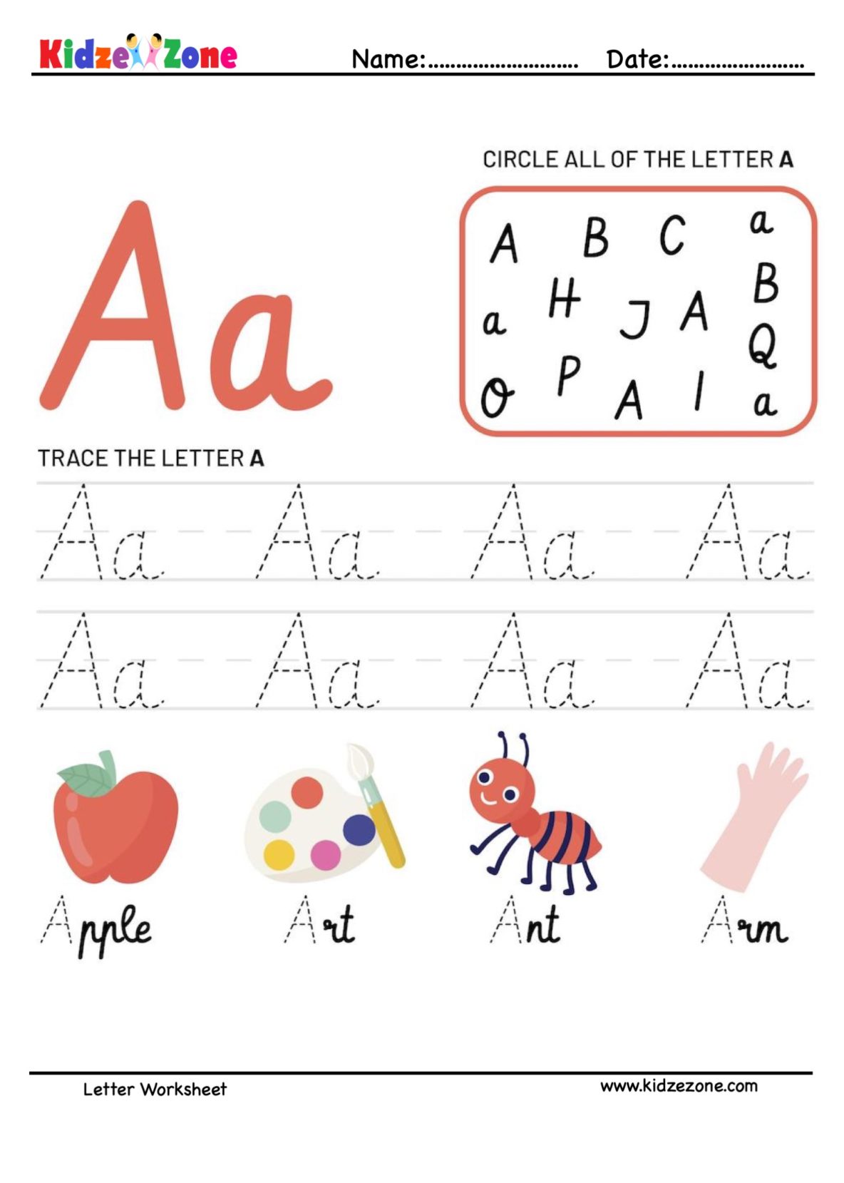 Letter A Tracing and Fun Worksheet - KidzeZone