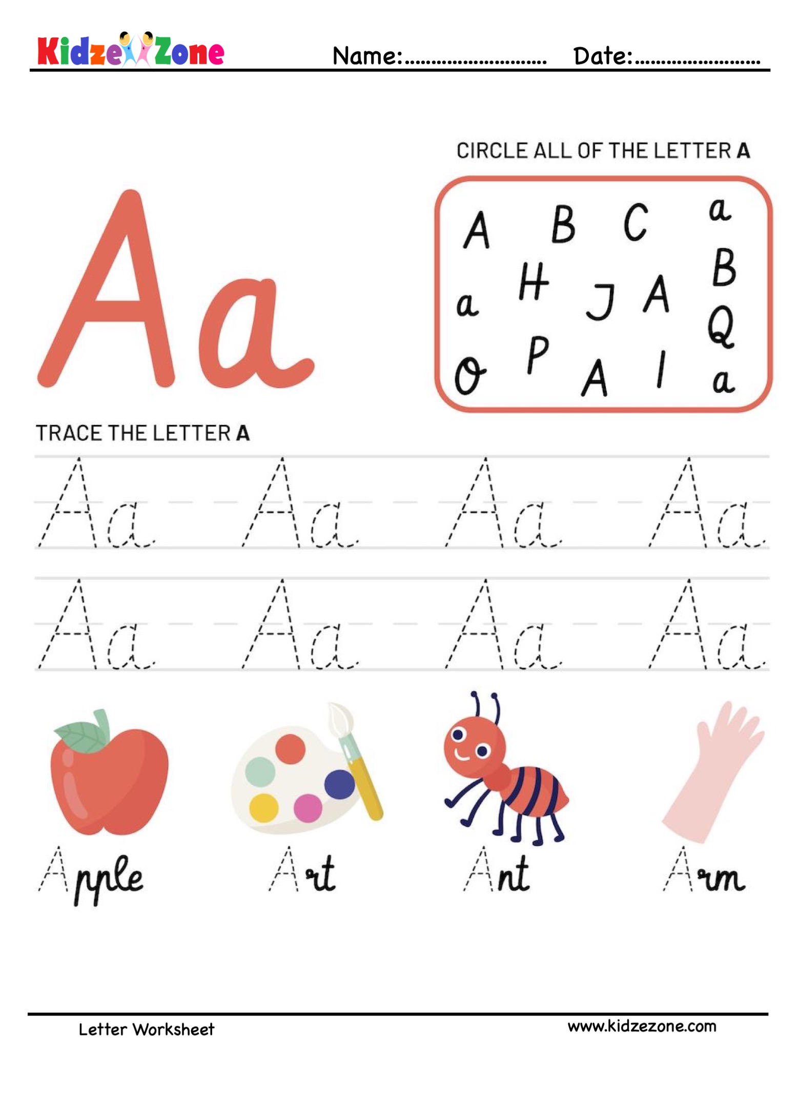 Letter A Tracing And Fun Worksheet KidzeZone