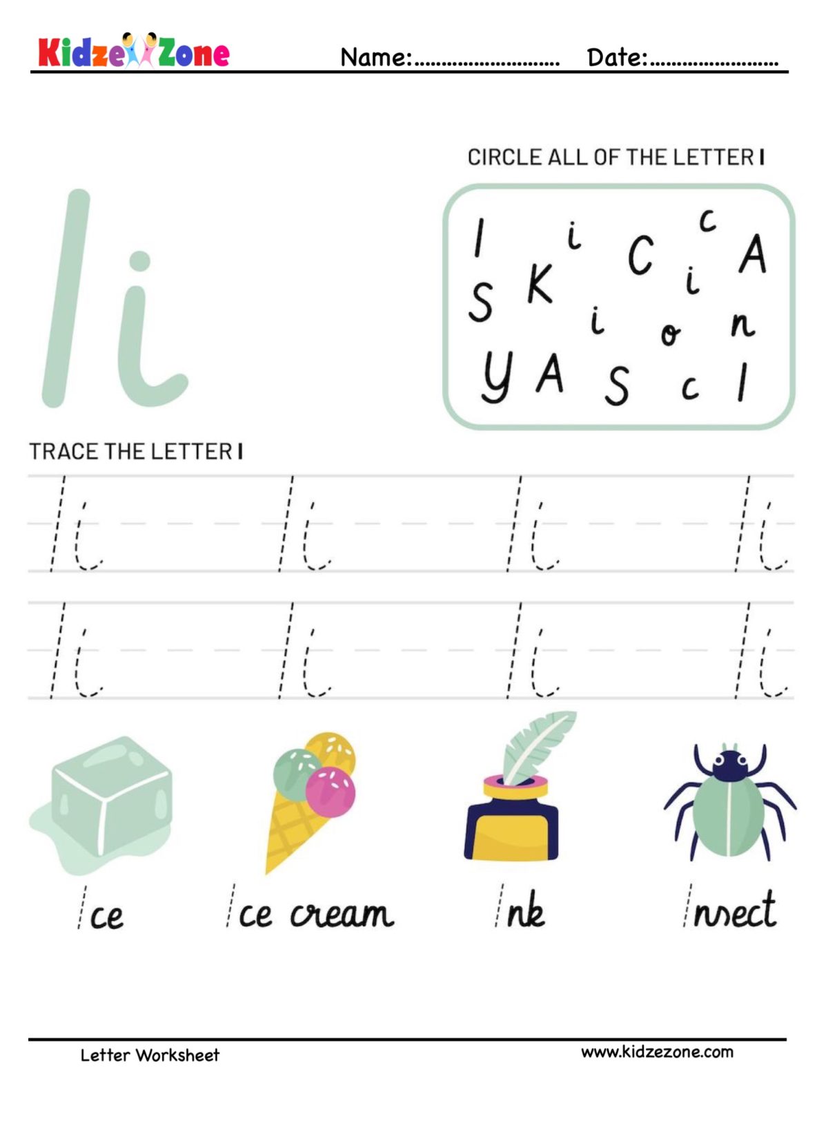 Letter I Tracing and Fun Worksheet - KidzeZone