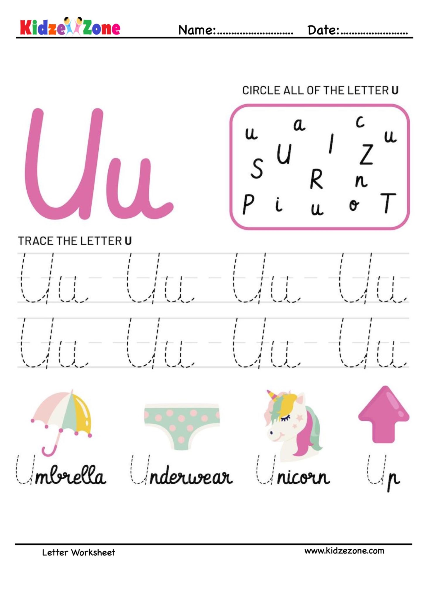 Letter U Tracing and Fun Worksheet - KidzeZone