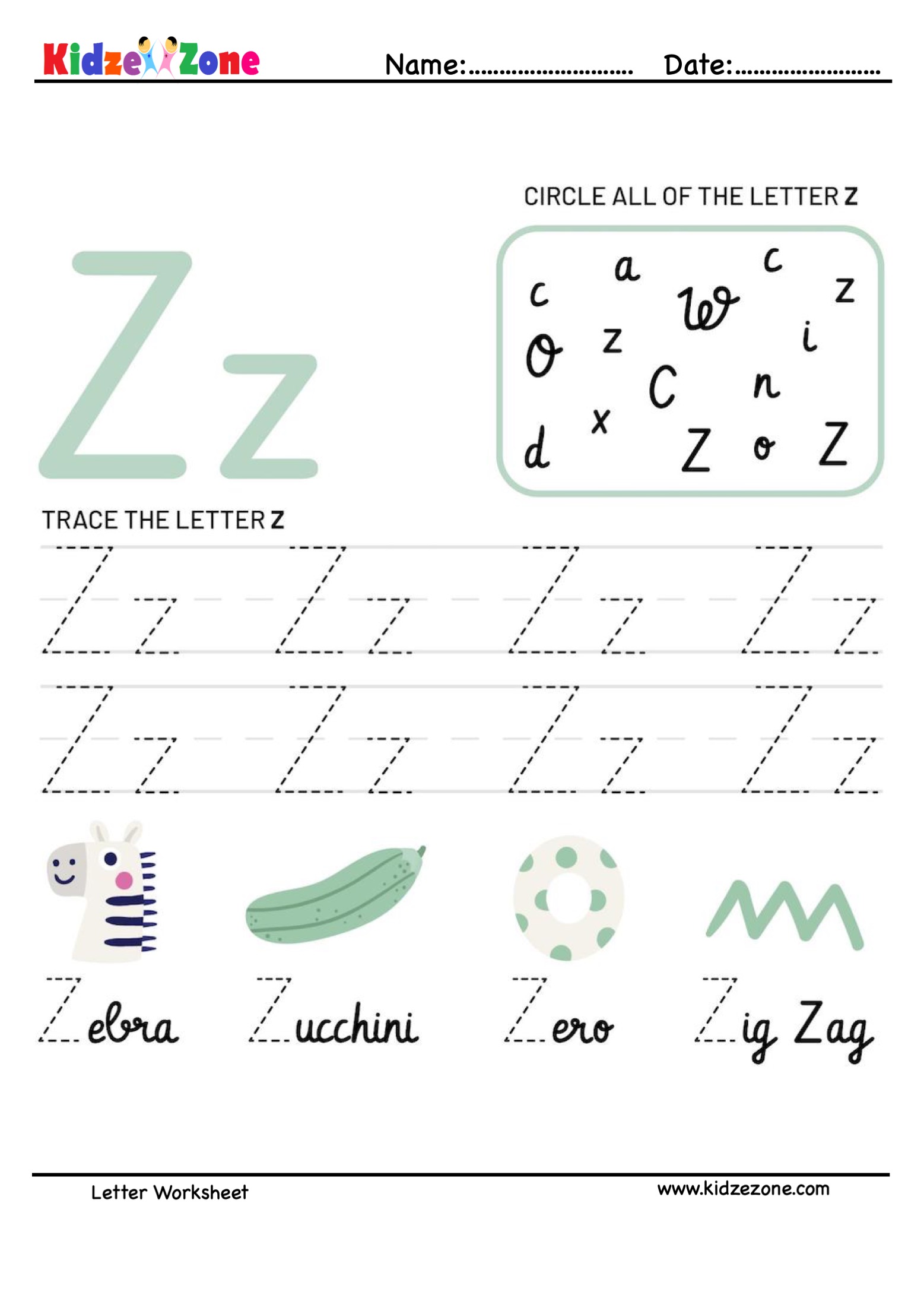 Free Letter Z Phonics Worksheet For Preschool Beginning Sounds 5 Letter Z Worksheets Alphabet 