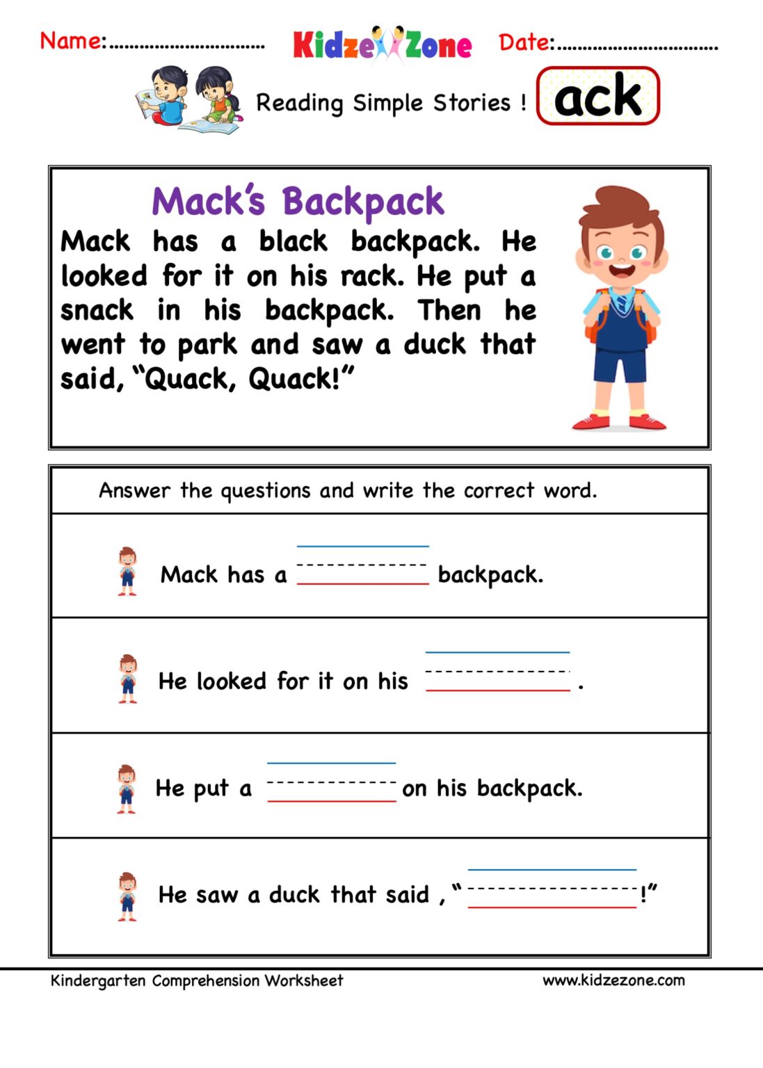 ack word family comprehension worksheet - KidzeZone