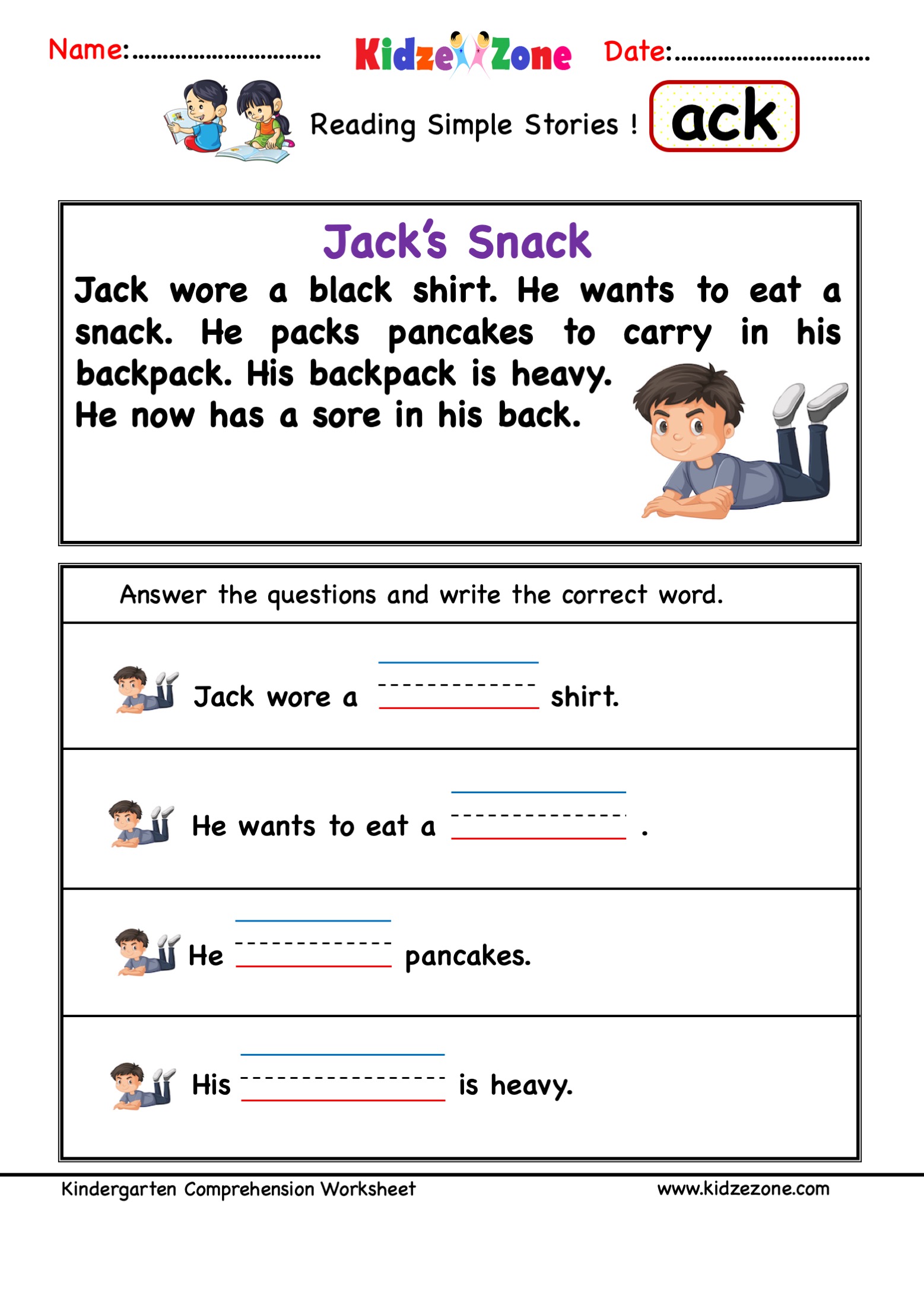 Kindergarten comprehension worksheets for all word families