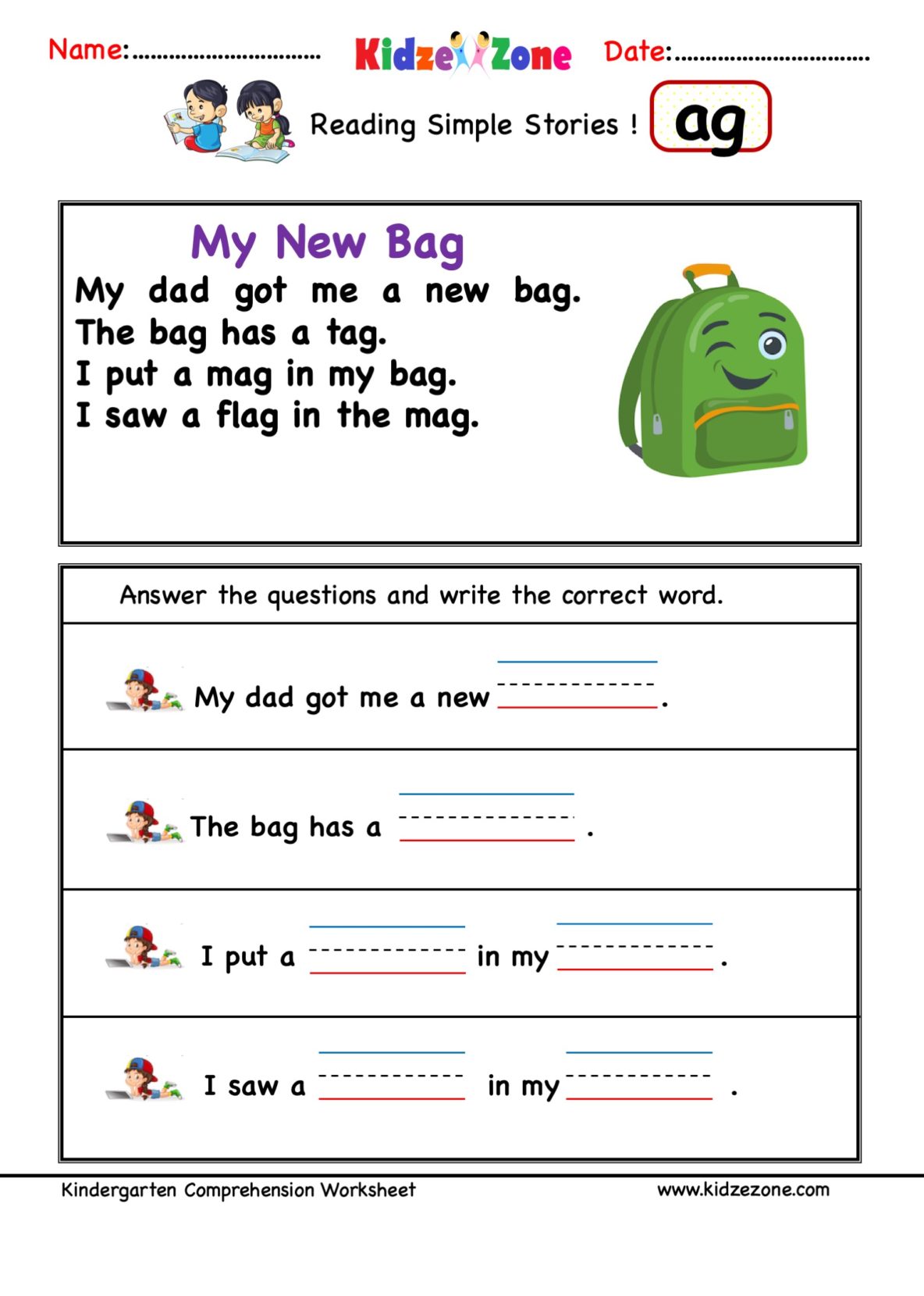 Ag word family comprehension worksheet - KidzeZone